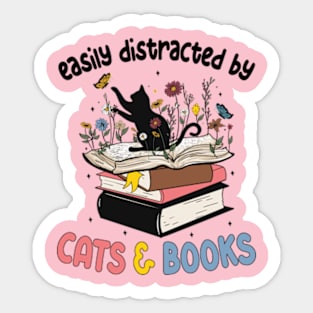 Funny Easily Distracted By Cats And Books Gifts Sticker